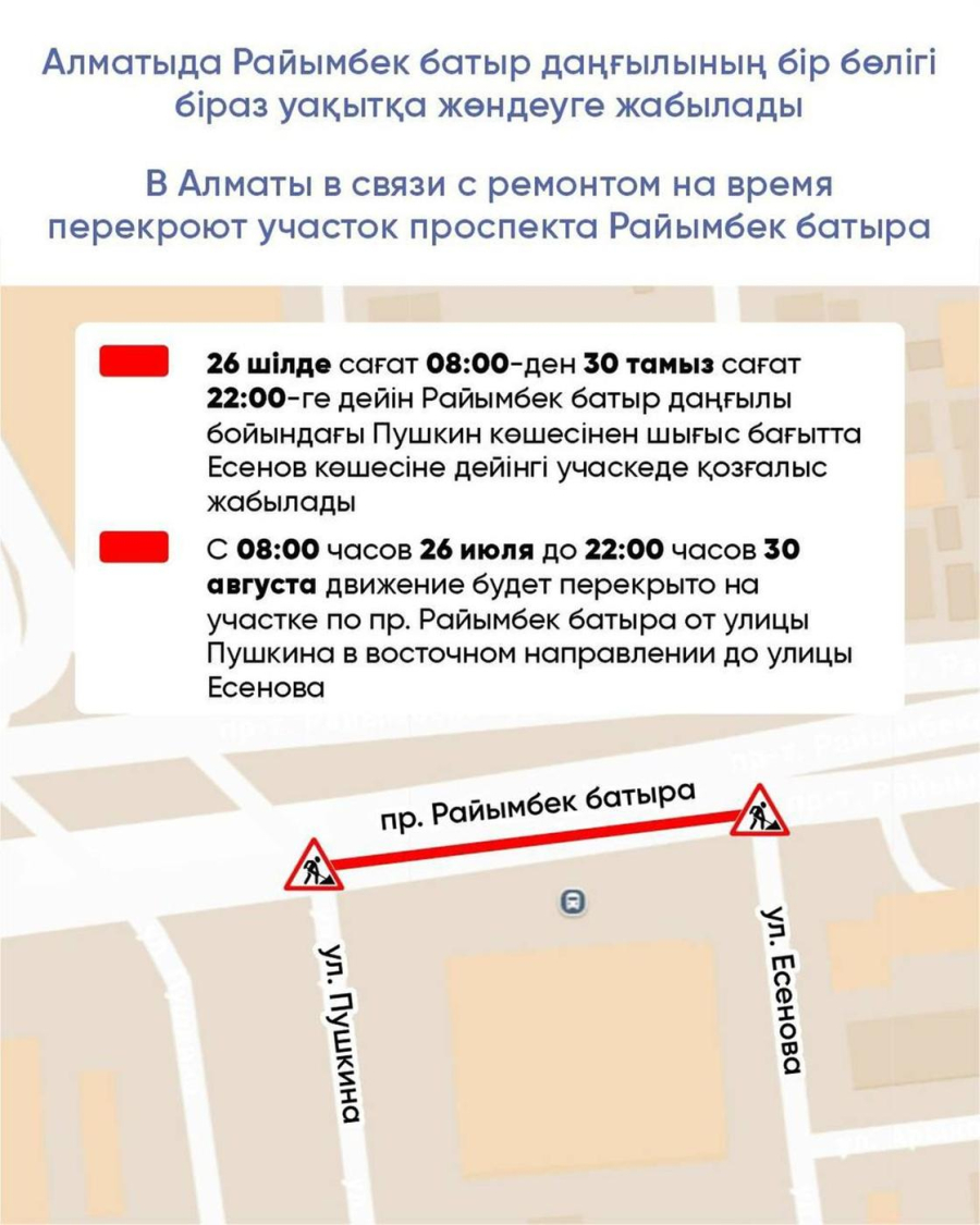 Алматыда көшелердің бірі жаздың соңына дейін жабық болады